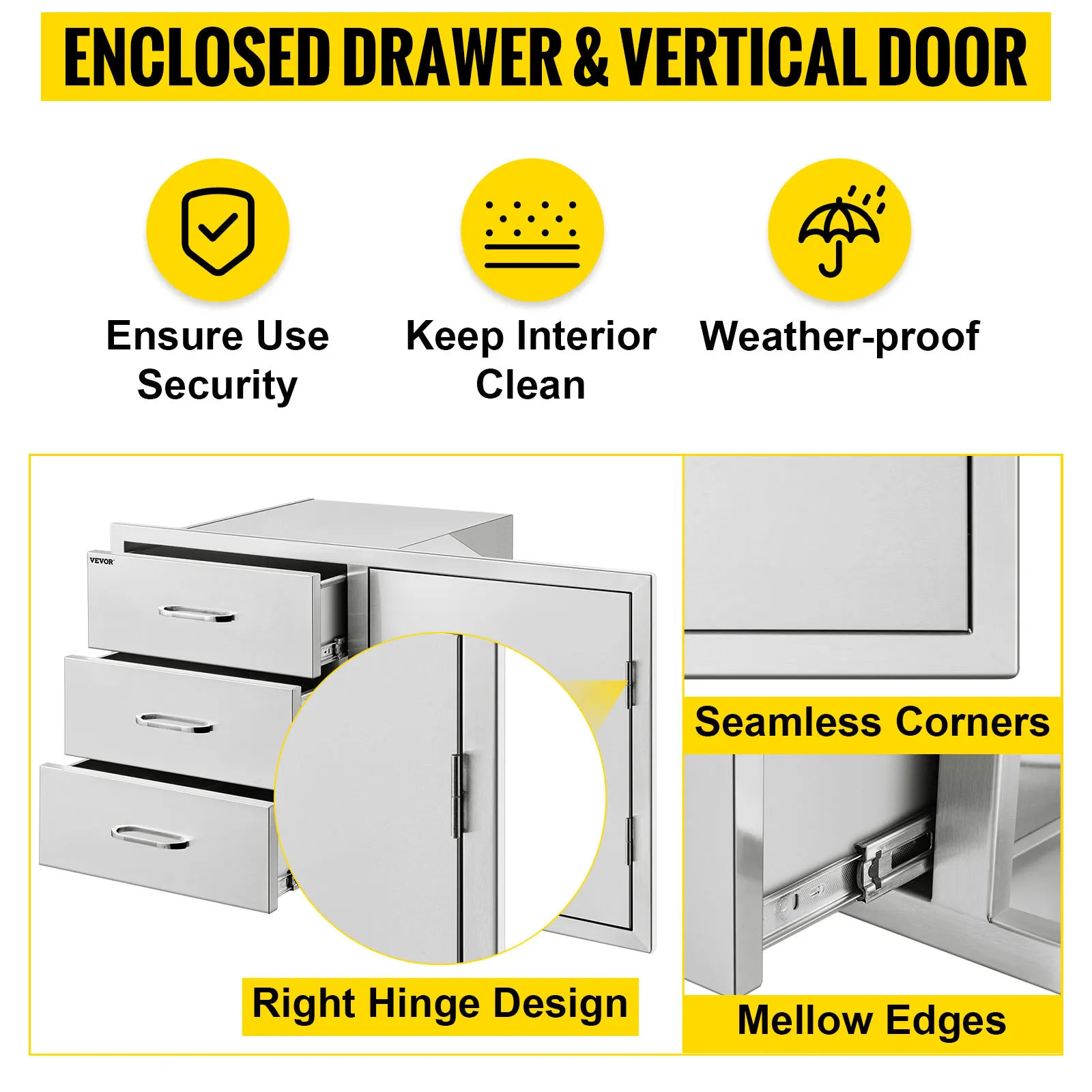 Combinación de cajones para cocina al aire libre VEVOR con diseño de bisagra derecha, esquinas sin costuras y bordes suaves.