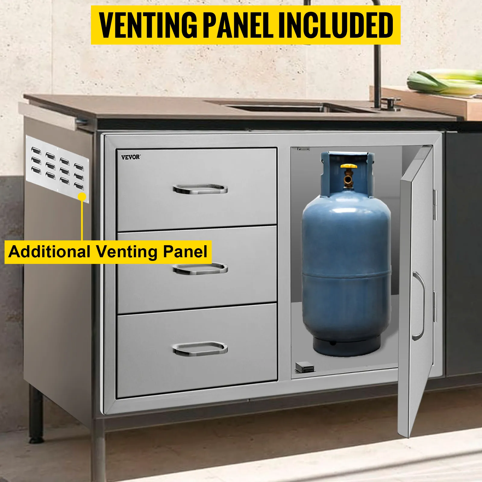 Combinación de cajones para cocina exterior VEVOR con panel de ventilación y almacenamiento para tanque de gas.
