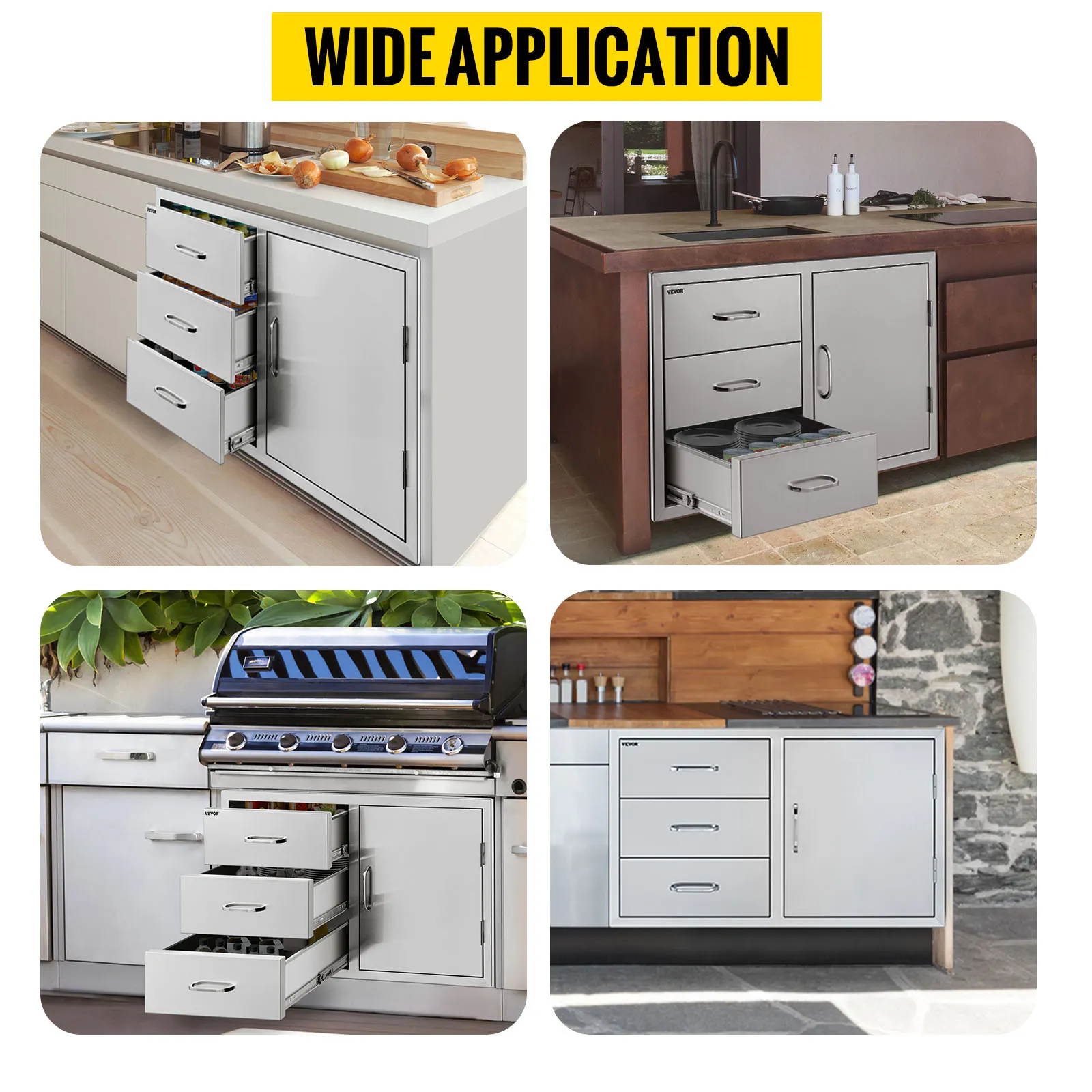 Combinación de cajones para cocina de exterior VEVOR en entornos versátiles con cajones y gabinetes.