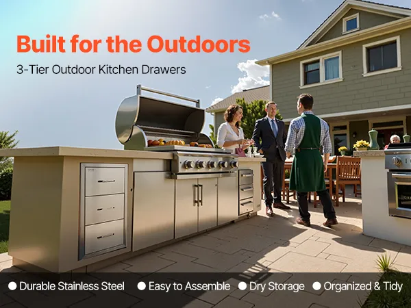 VEVOR outdoor kitchen drawers in a three-tier stainless steel design, ideal for utensil storage.