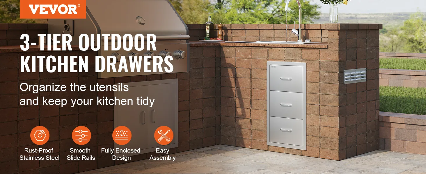 VEVOR outdoor kitchen drawers in a three-tier stainless steel design, ideal for utensil storage.