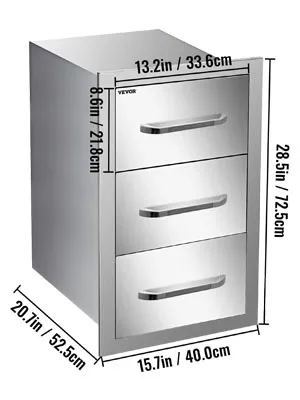 VEVOR outdoor kitchen drawers, stainless steel, 3 drawers, dimensions labeled.