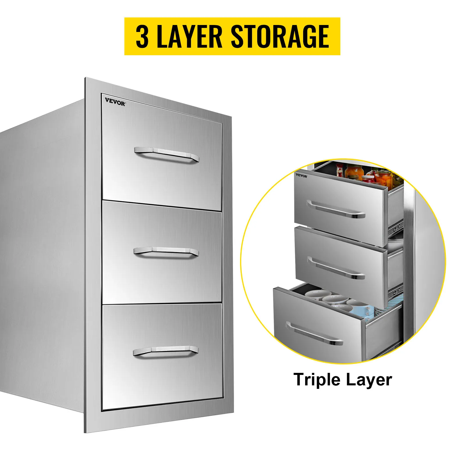 VEVOR outdoor kitchen drawers with 3-layer stainless steel storage drawers.