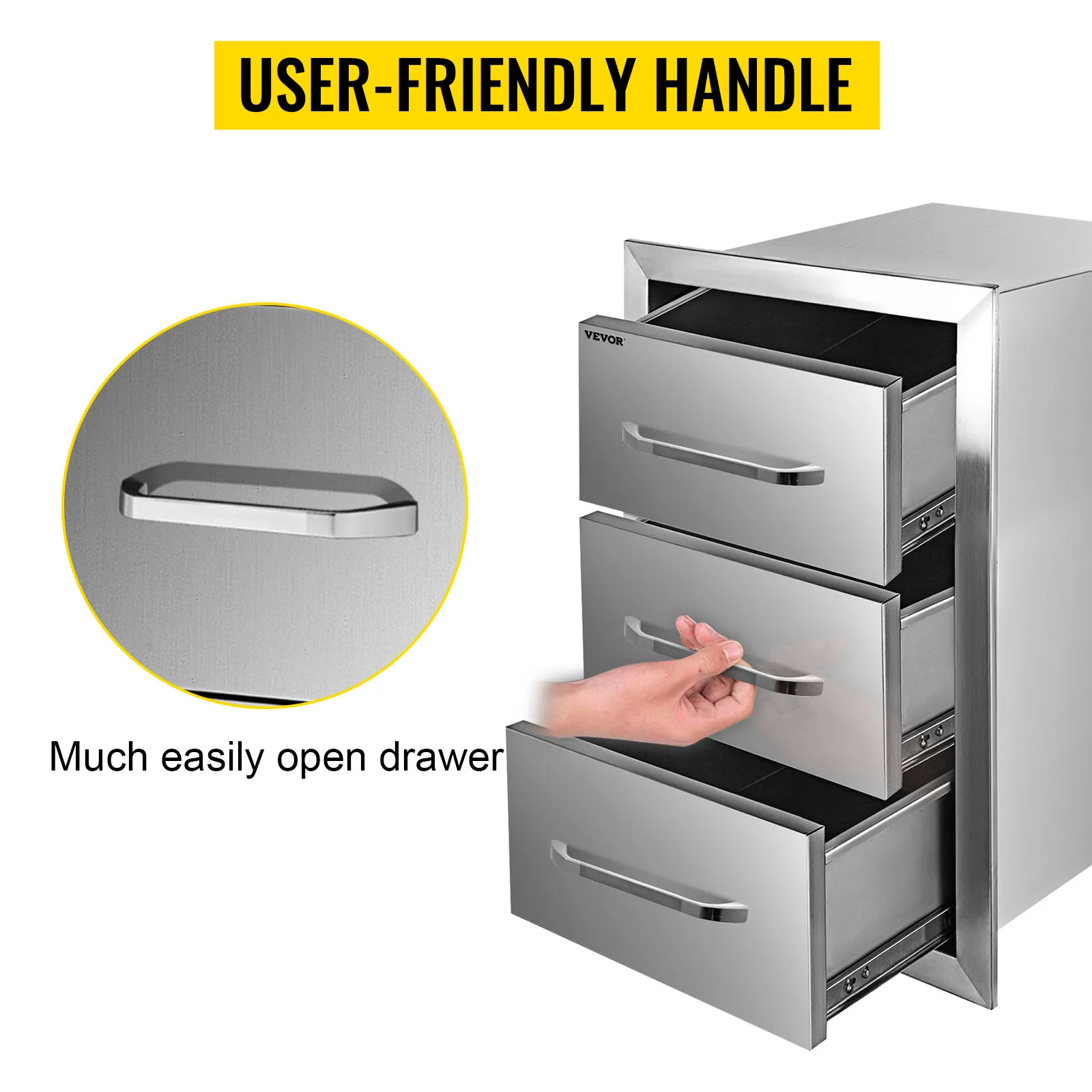 stainless steel VEVOR outdoor kitchen drawers with user-friendly handles.