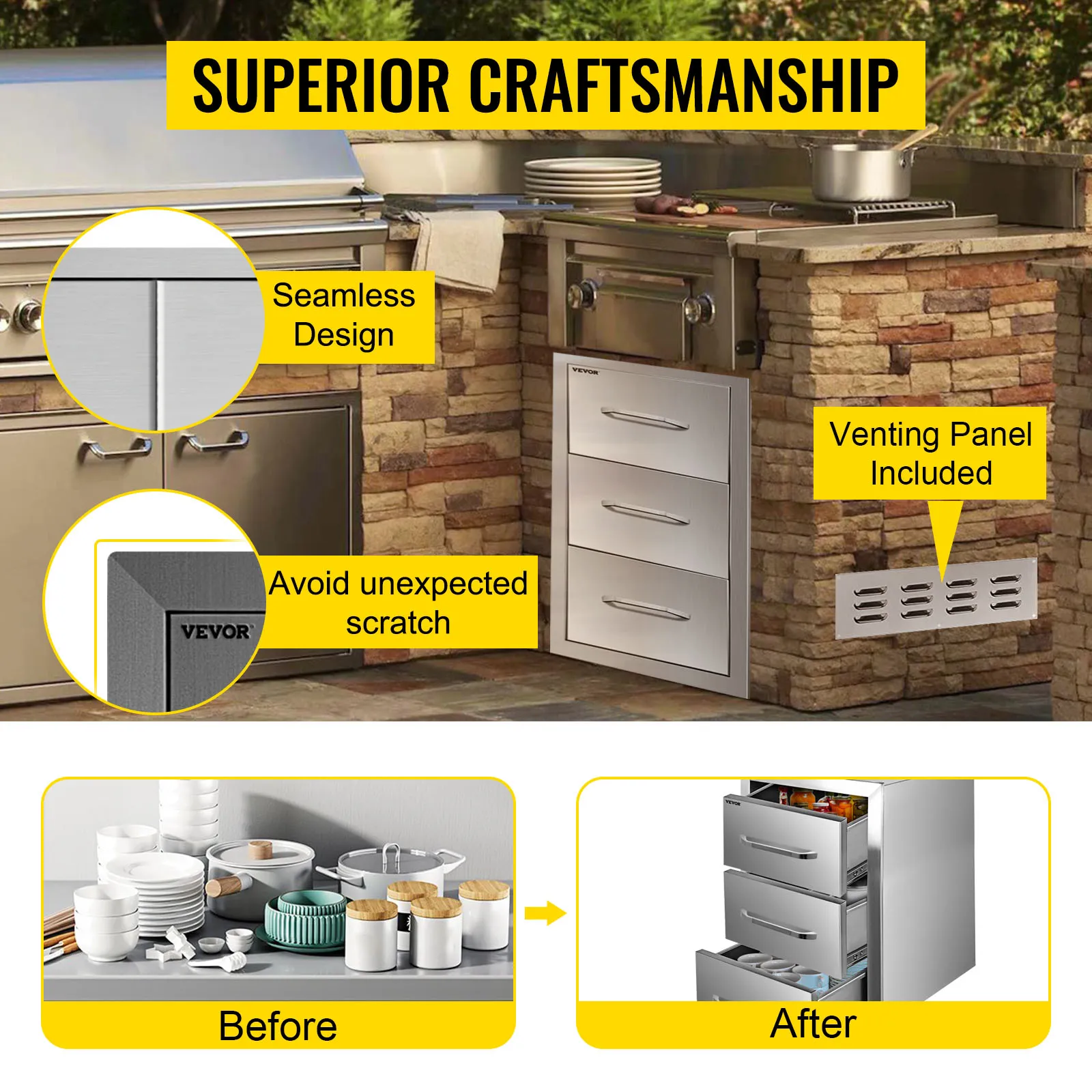VEVOR outdoor kitchen drawers with seamless design and venting panel included.