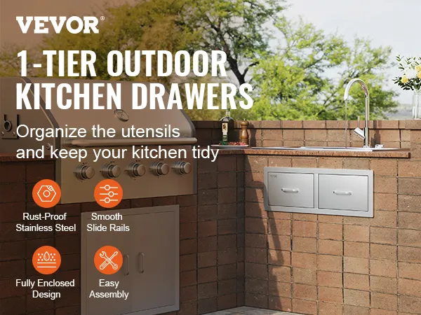 VEVOR outdoor kitchen drawers in a brick countertop setting with a grill and sink.