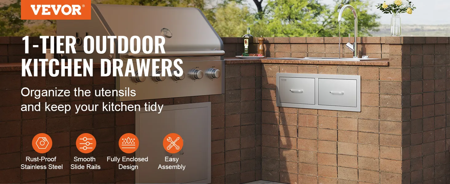 VEVOR outdoor kitchen drawers in a brick countertop setting with a grill and sink.