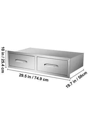 stainless steel VEVOR outdoor kitchen drawers with dual compartments and measurement labels.