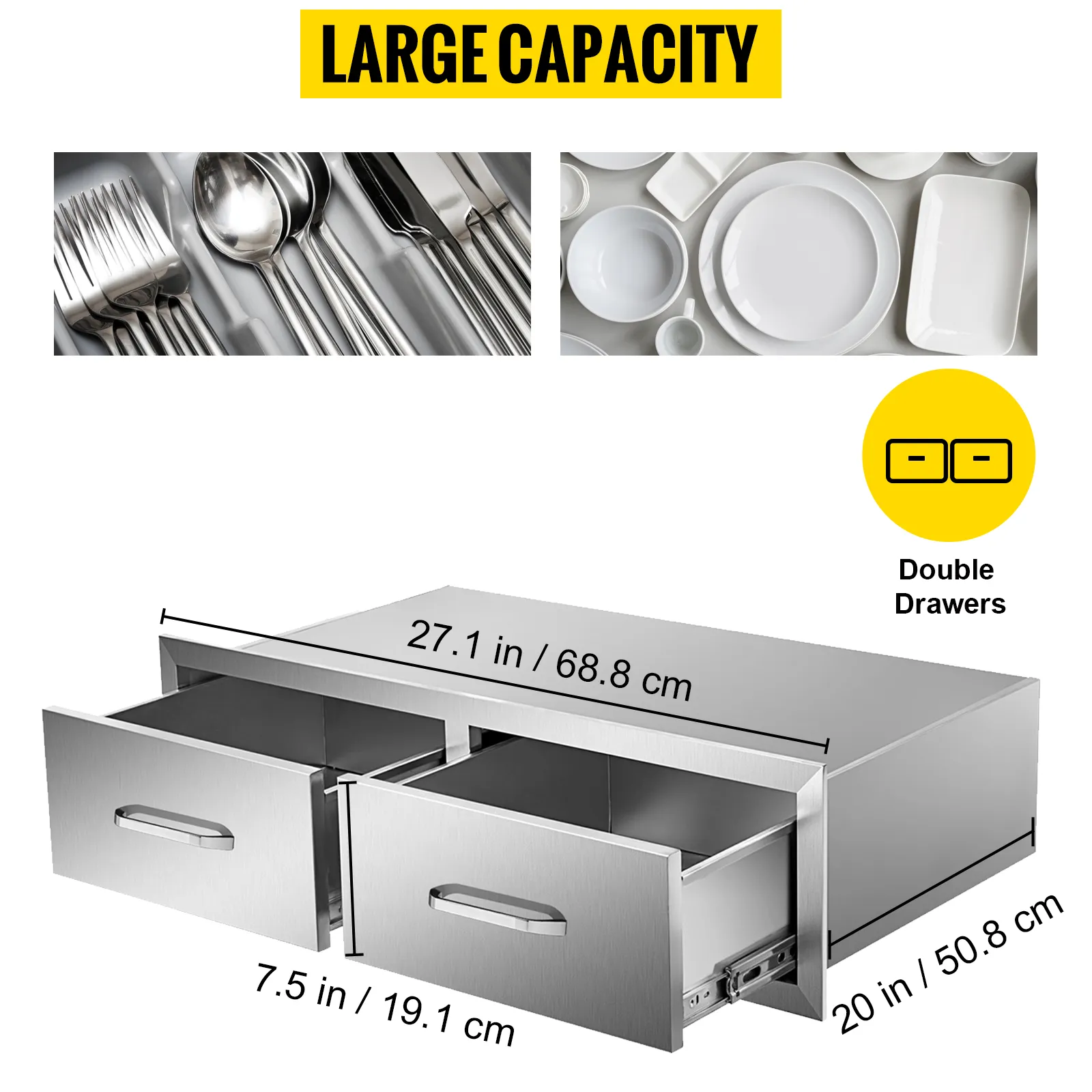 VEVOR outdoor kitchen drawers with large capacity, double drawers, and stainless steel finish.