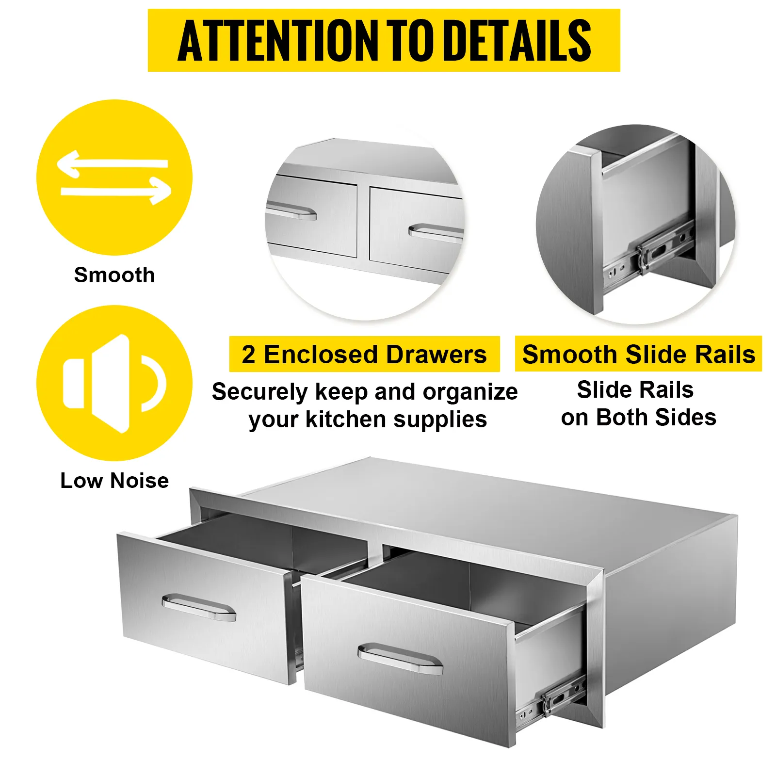 VEVOR outdoor kitchen drawers with smooth slide rails and low noise operation for organization.