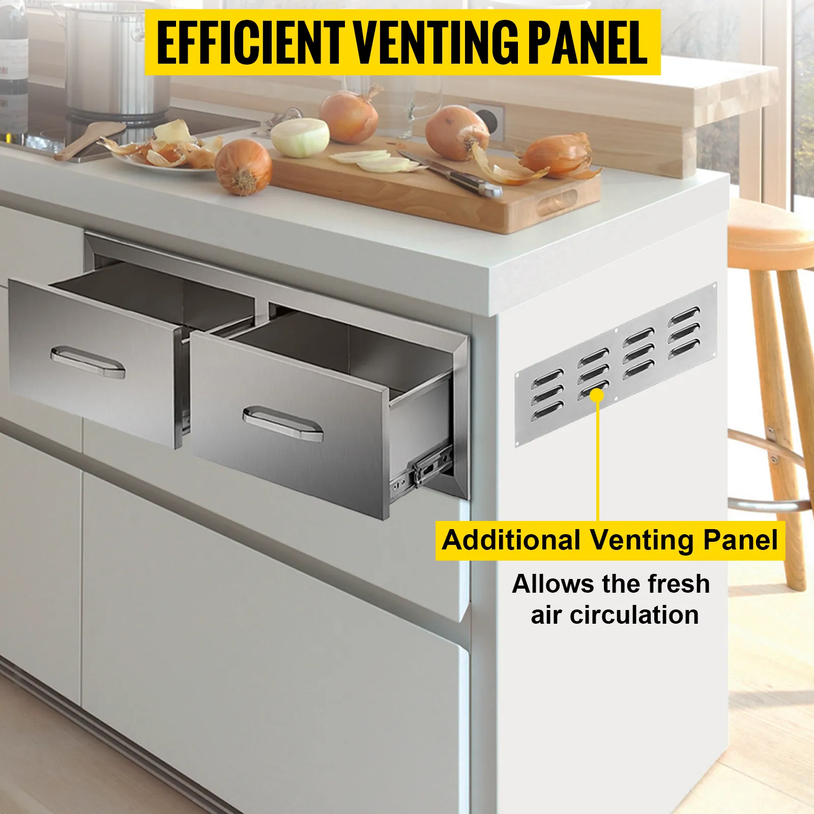 VEVOR outdoor kitchen drawers with efficient venting panel for fresh air circulation.