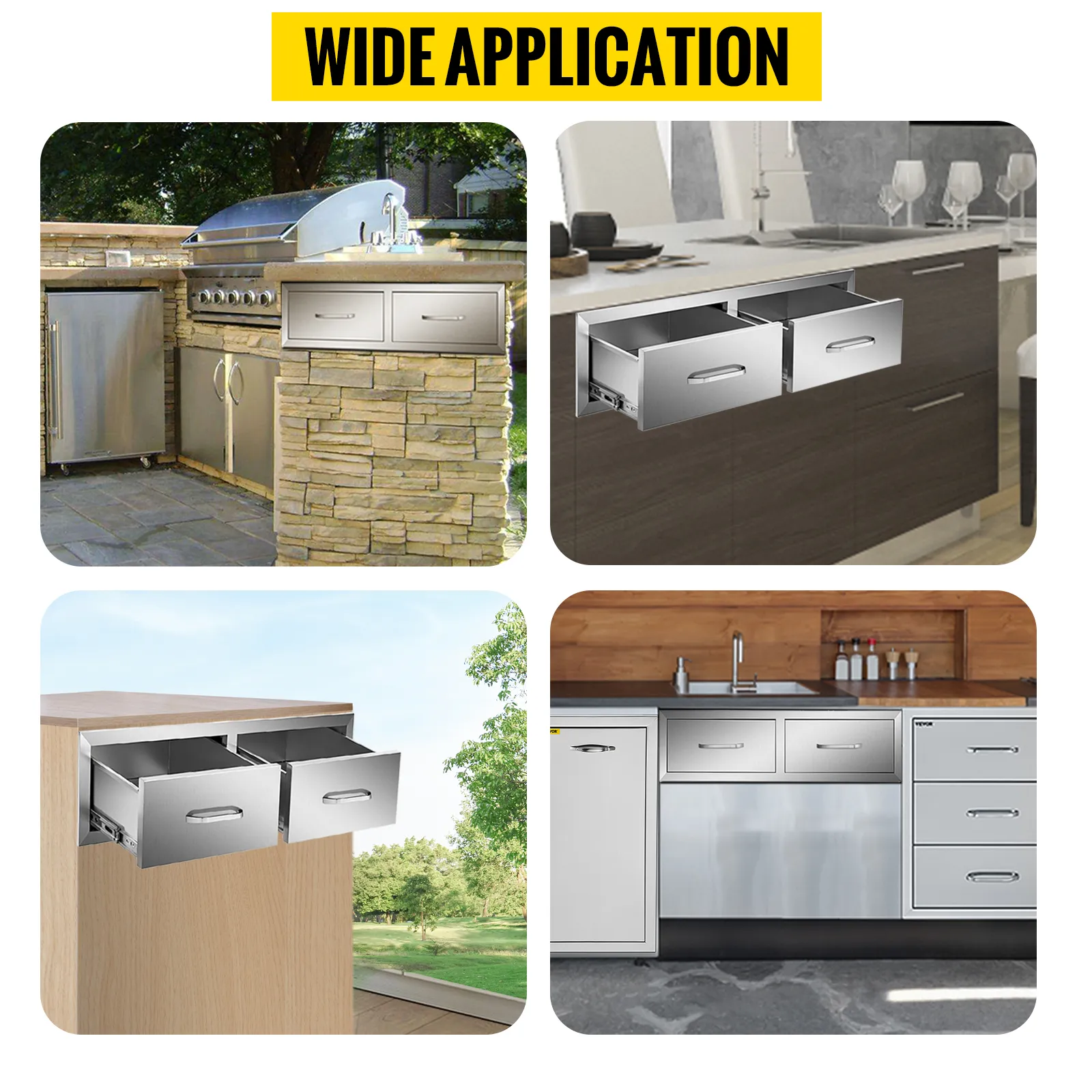 VEVOR outdoor kitchen drawers in various settings for versatile use.
