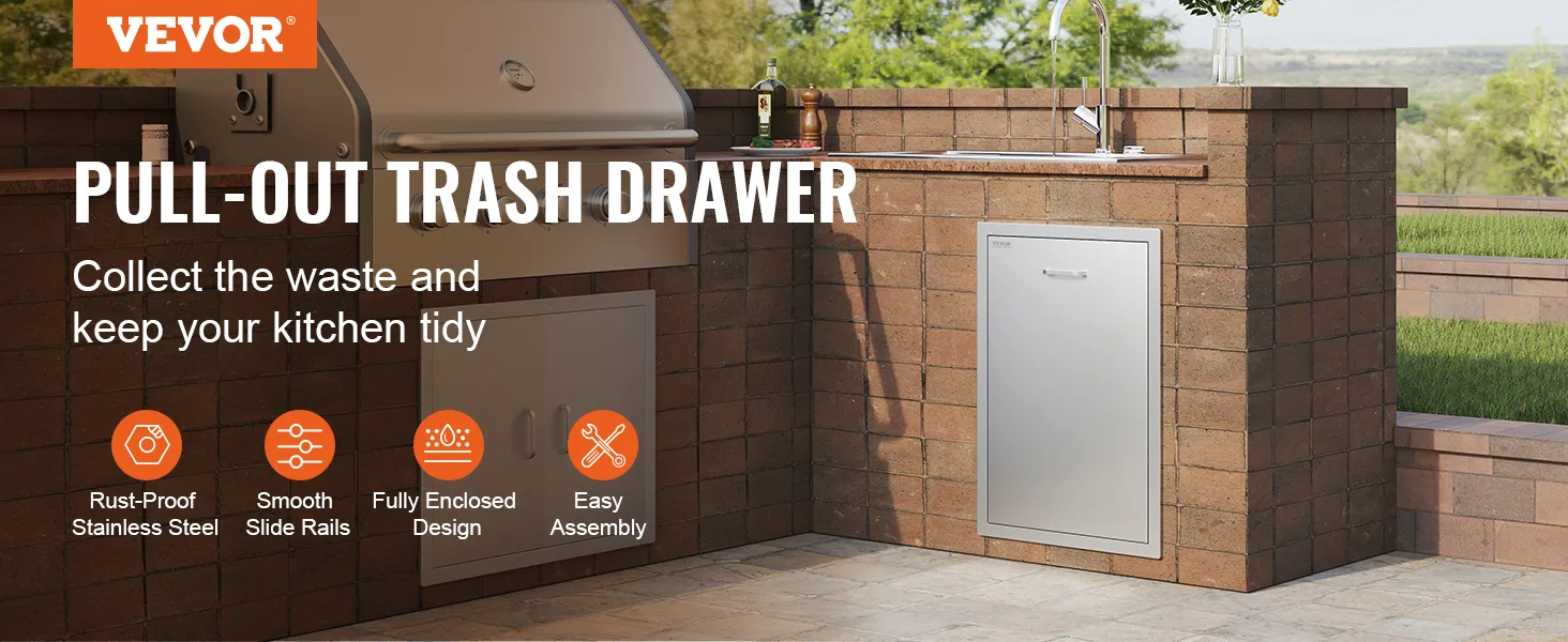 VEVOR pull-out trash drawer in an outdoor kitchen with brick walls and stainless steel.