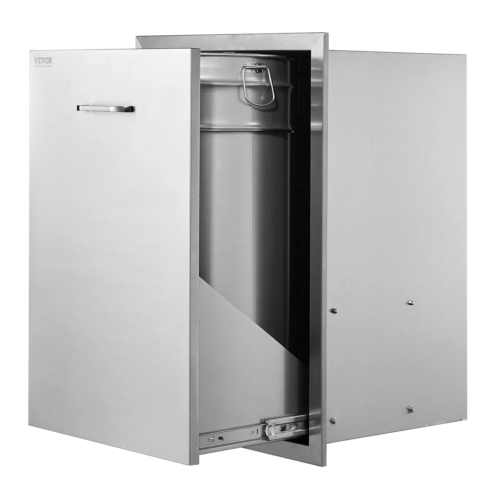 VEVOR pull out trash drawer - stainless steel, sleek design, partially open drawer.