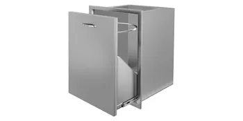 stainless steel VEVOR pull out trash drawer with handle, partially open.
