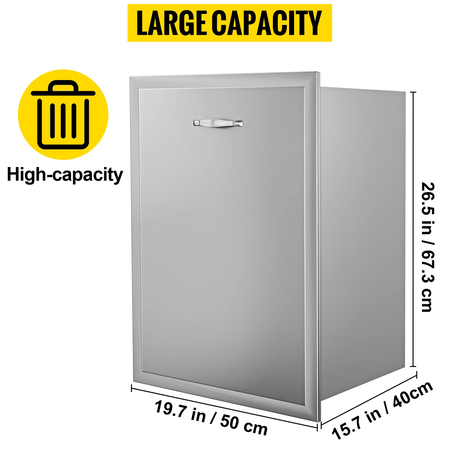 VEVOR pull out trash drawer with dimensions and high-capacity label.