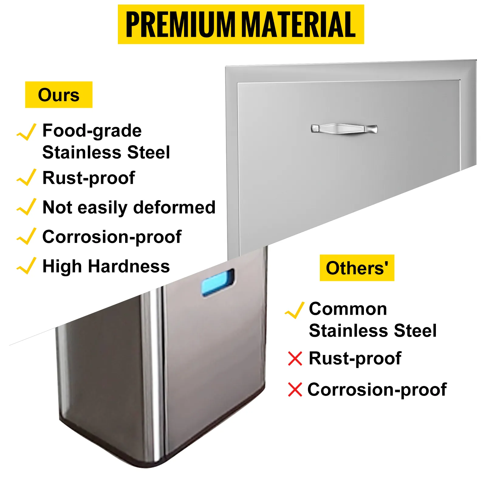 VEVOR pull out trash drawer comparing food-grade vs. common stainless steel.