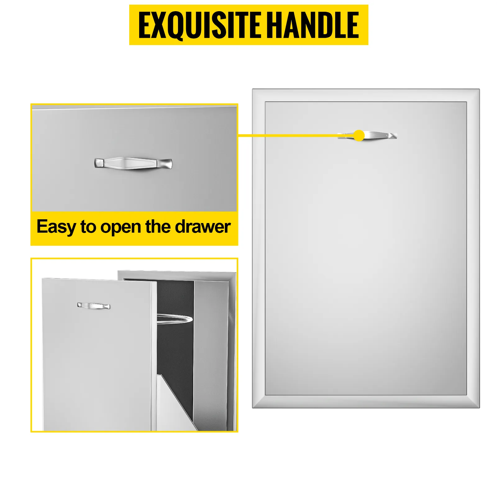 exquisite handle on VEVOR pull out trash drawer, easy to open, sleek stainless steel design.