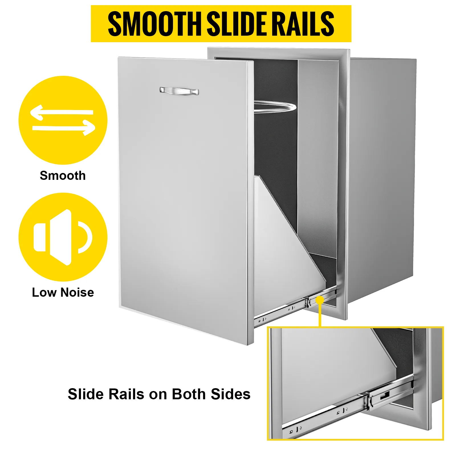 VEVOR pull out trash drawer with smooth slide rails and low noise operation.