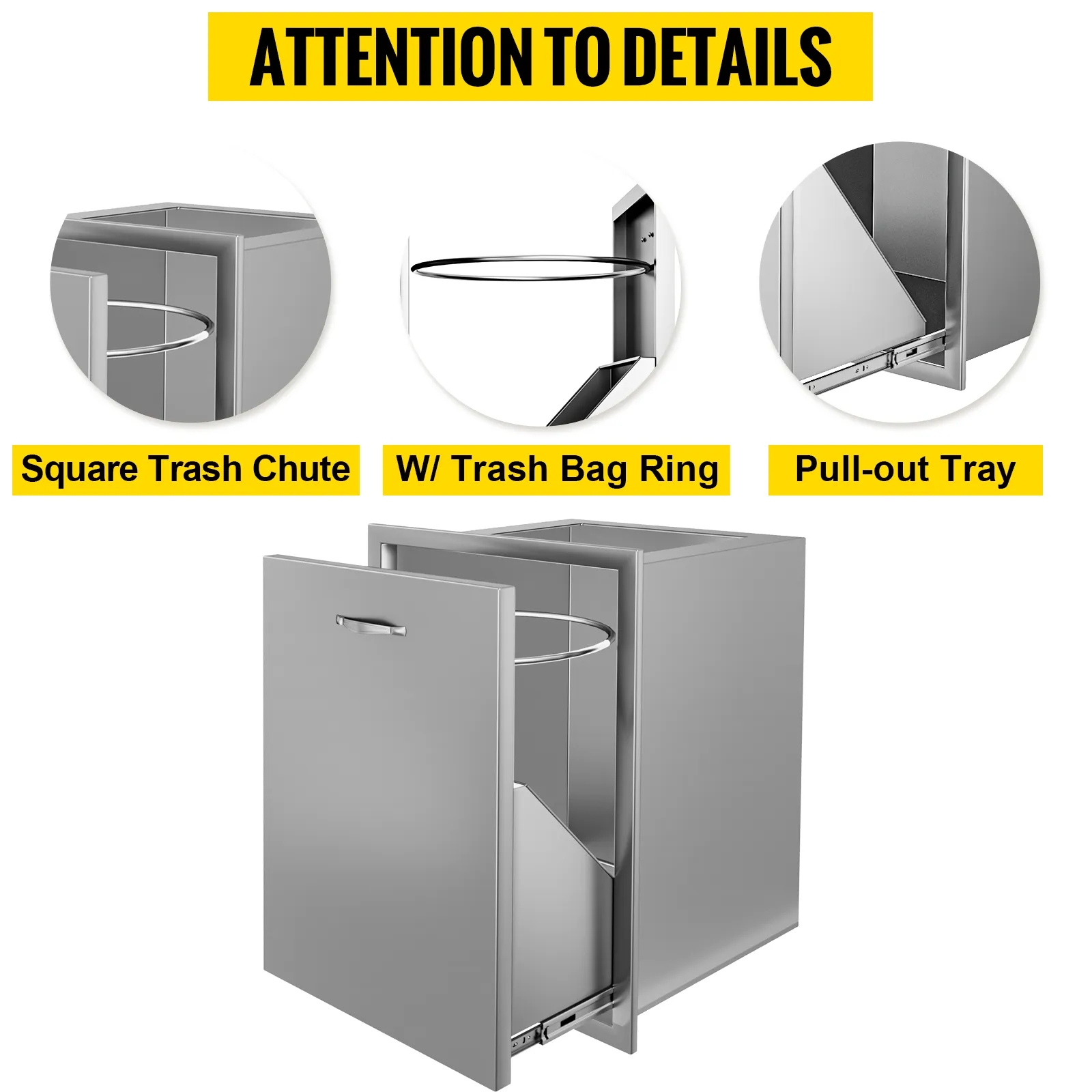 VEVOR pull out trash drawer with square trash chute, trash bag ring, and pull-out tray.