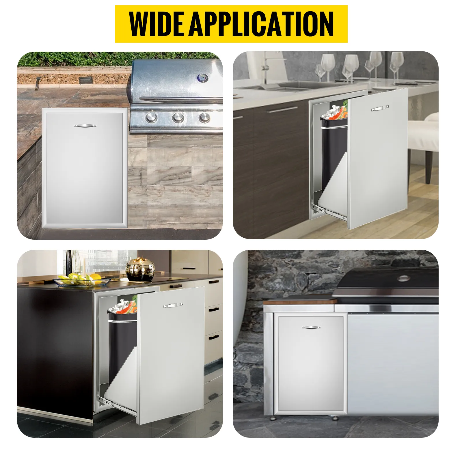 VEVOR pull out trash drawer used in modern kitchens and outdoor barbecue setups.