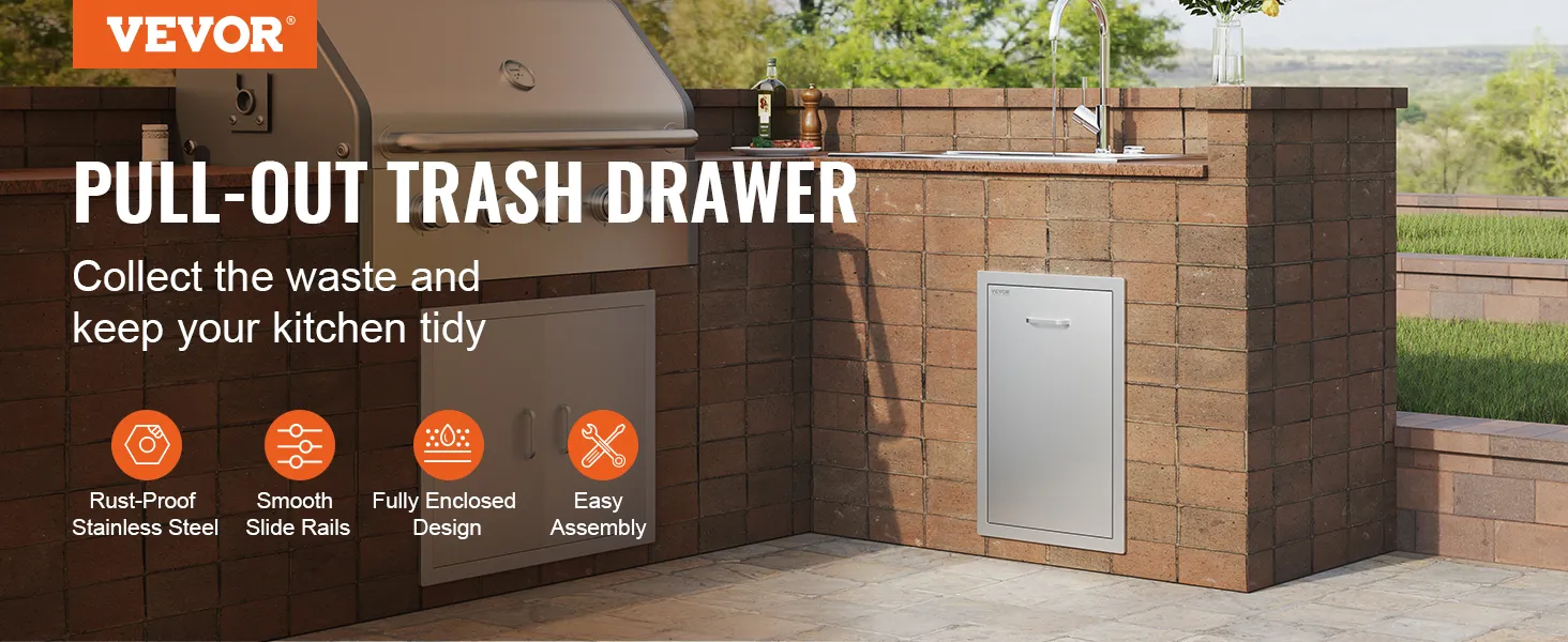 VEVOR outdoor kitchen drawer in brick setup with grill and sink, promoting neatness.