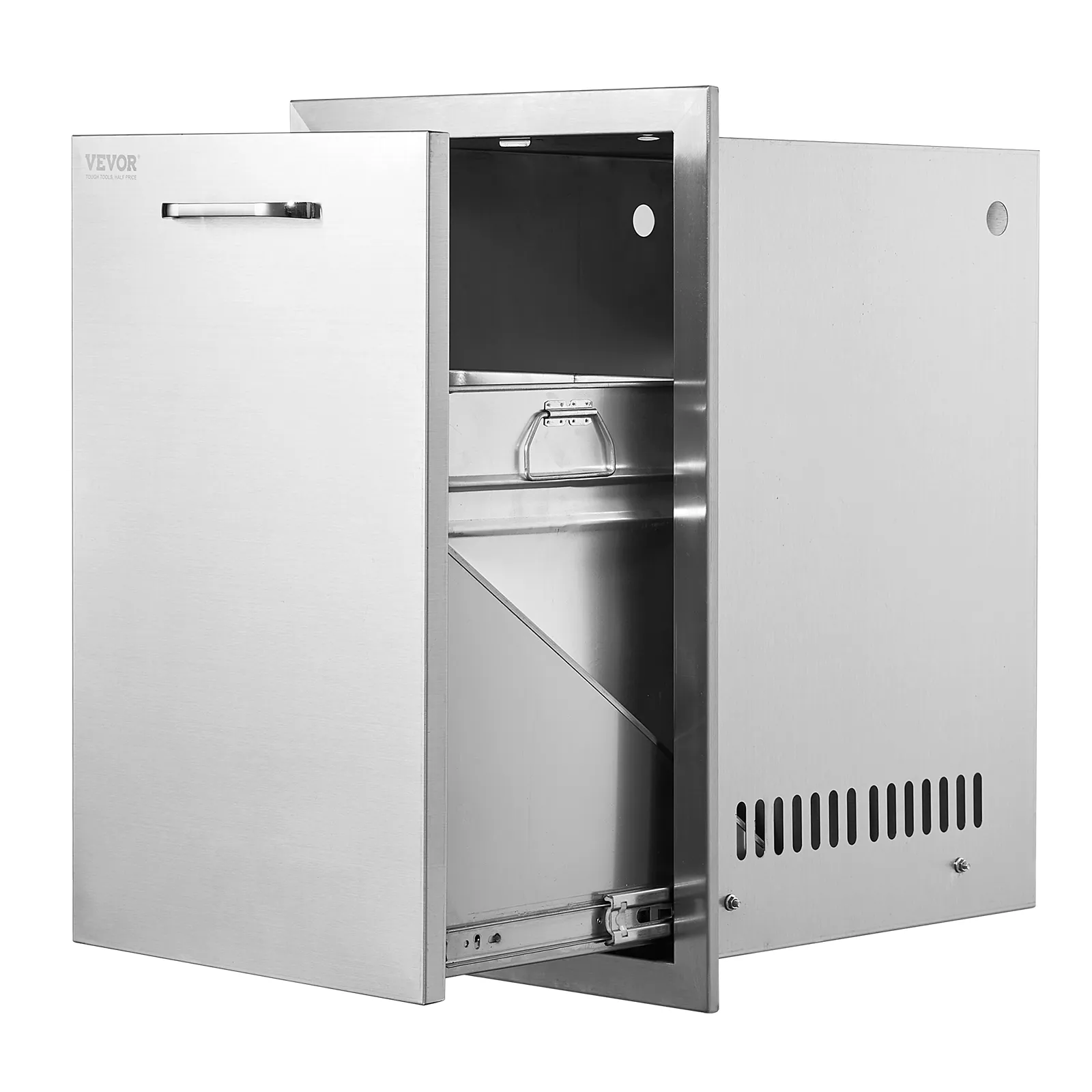 VEVOR outdoor kitchen drawer, open stainless steel cabinet showing inner compartment.
