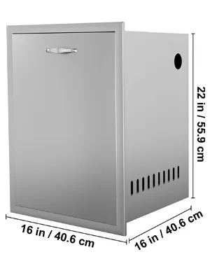 VEVOR outdoor kitchen drawer, 16x22 in, stainless steel, with dimensions shown.
