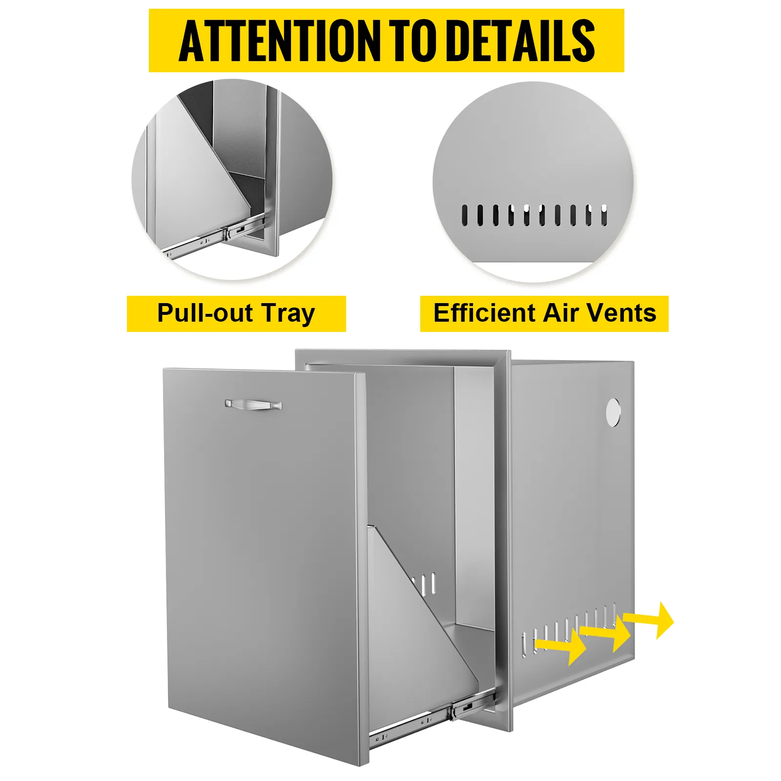VEVOR outdoor kitchen drawer with pull-out tray and efficient air vents.