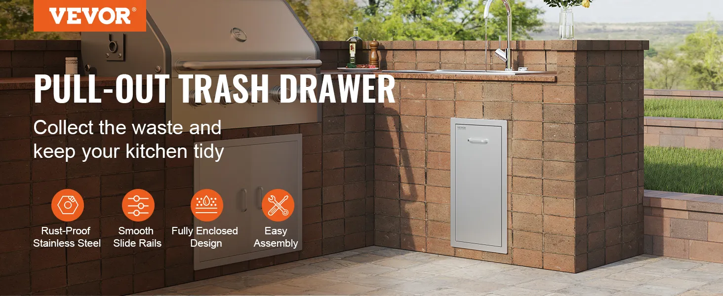 VEVOR pull out trash drawer in outdoor brick kitchen with stainless steel finish.