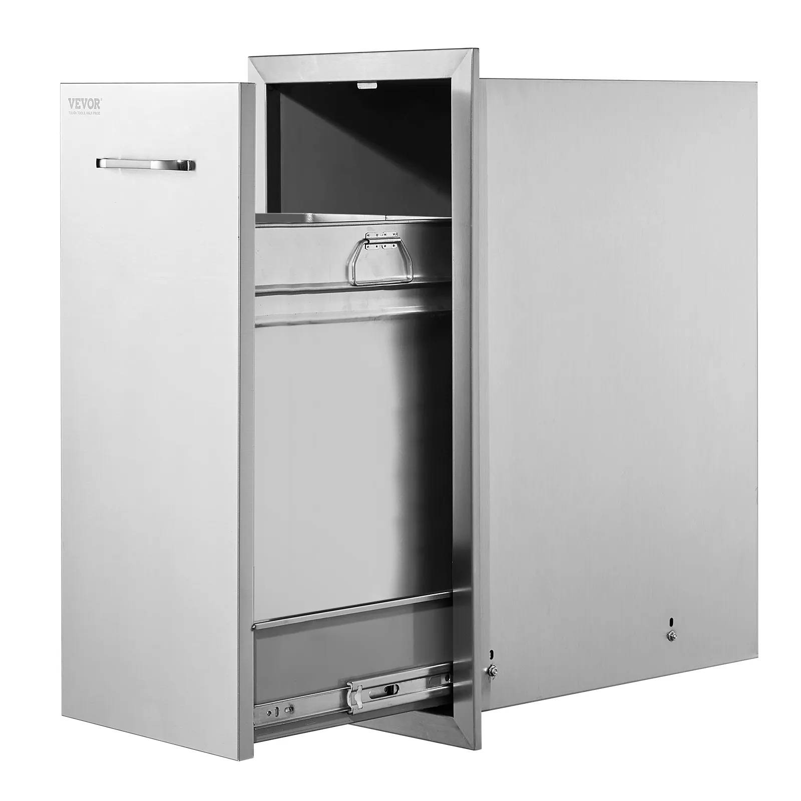 stainless steel VEVOR pull out trash drawer with handle, partially open.