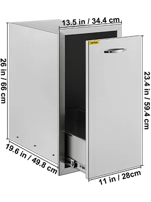VEVOR pull out trash drawer with stainless steel finish, detailed measurements shown.