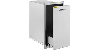 stainless steel VEVOR pull out trash drawer partially open showing inside.