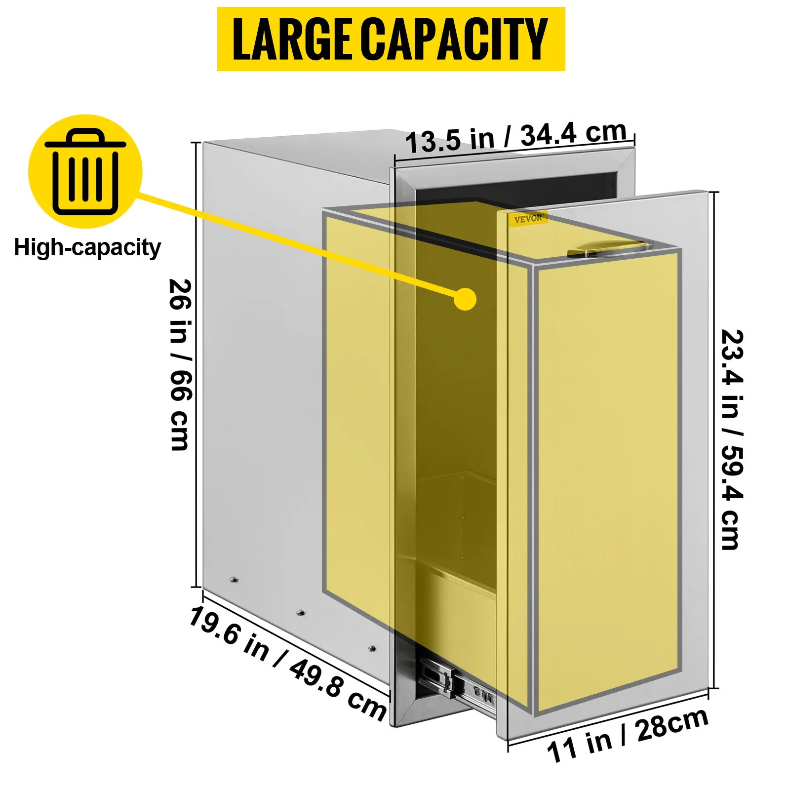 VEVOR pull out trash drawer with high capacity and dimensions labeled.