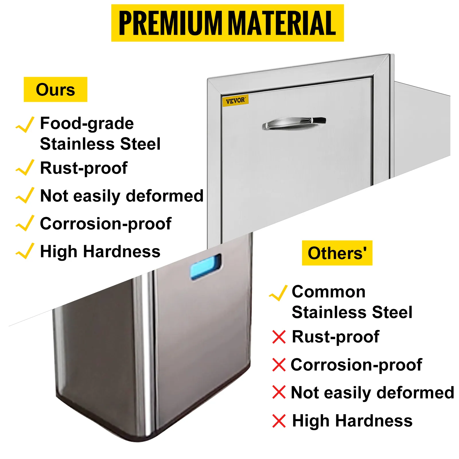 VEVOR pull out trash drawer comparison of materials and features.