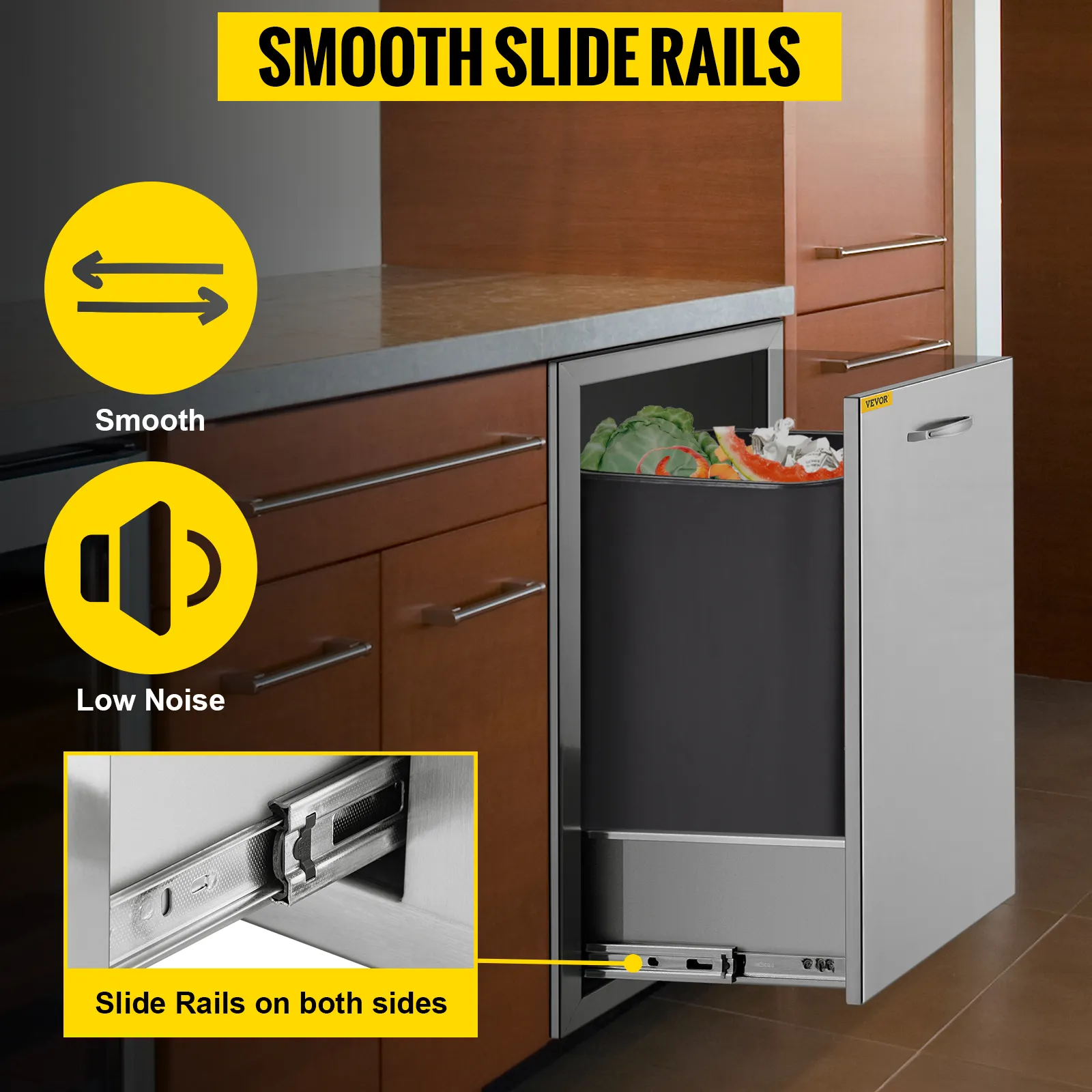 VEVOR pull out trash drawer in kitchen with smooth slide rails and low noise features.