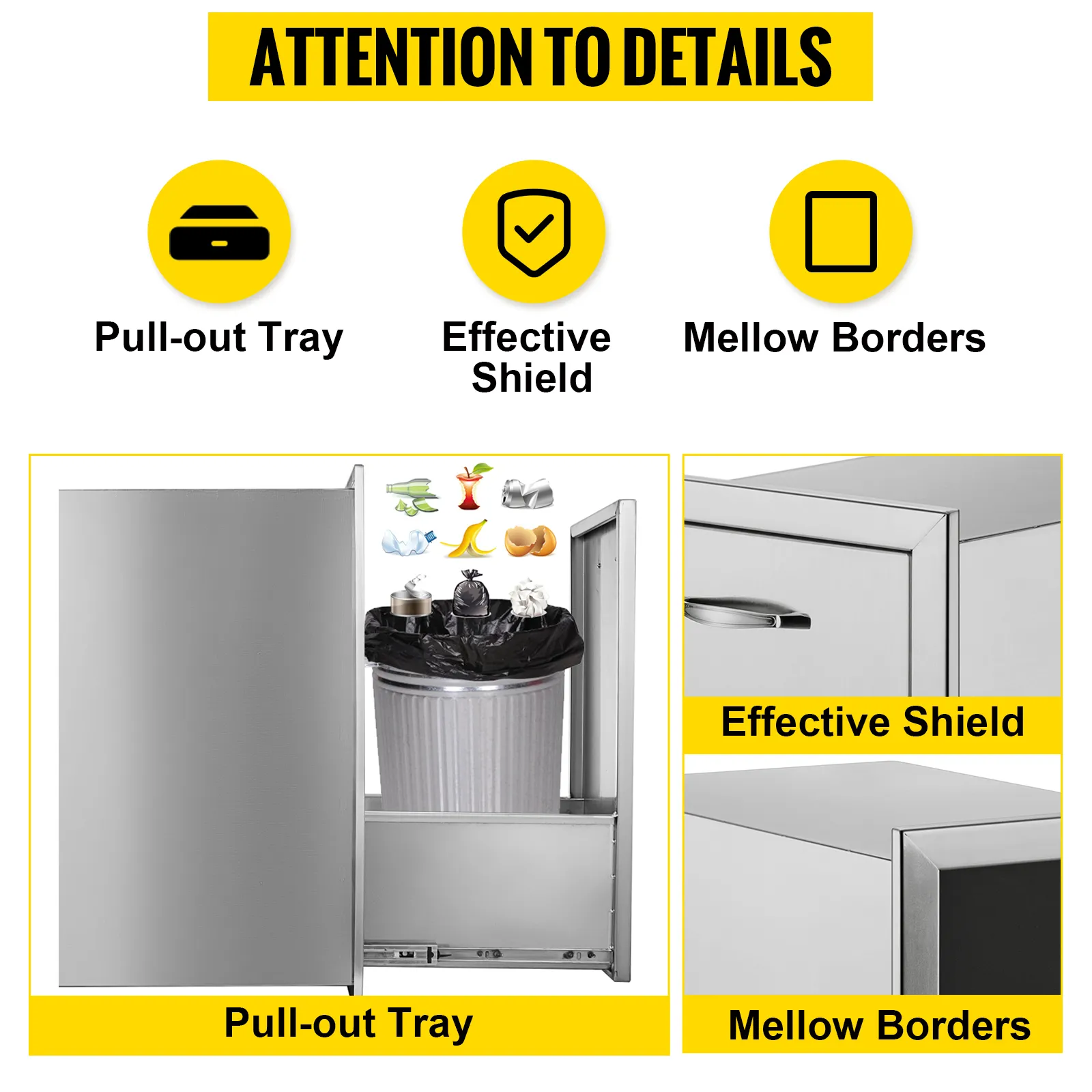 VEVOR pull out trash drawer illustration highlighting pull-out tray, shield, and borders.