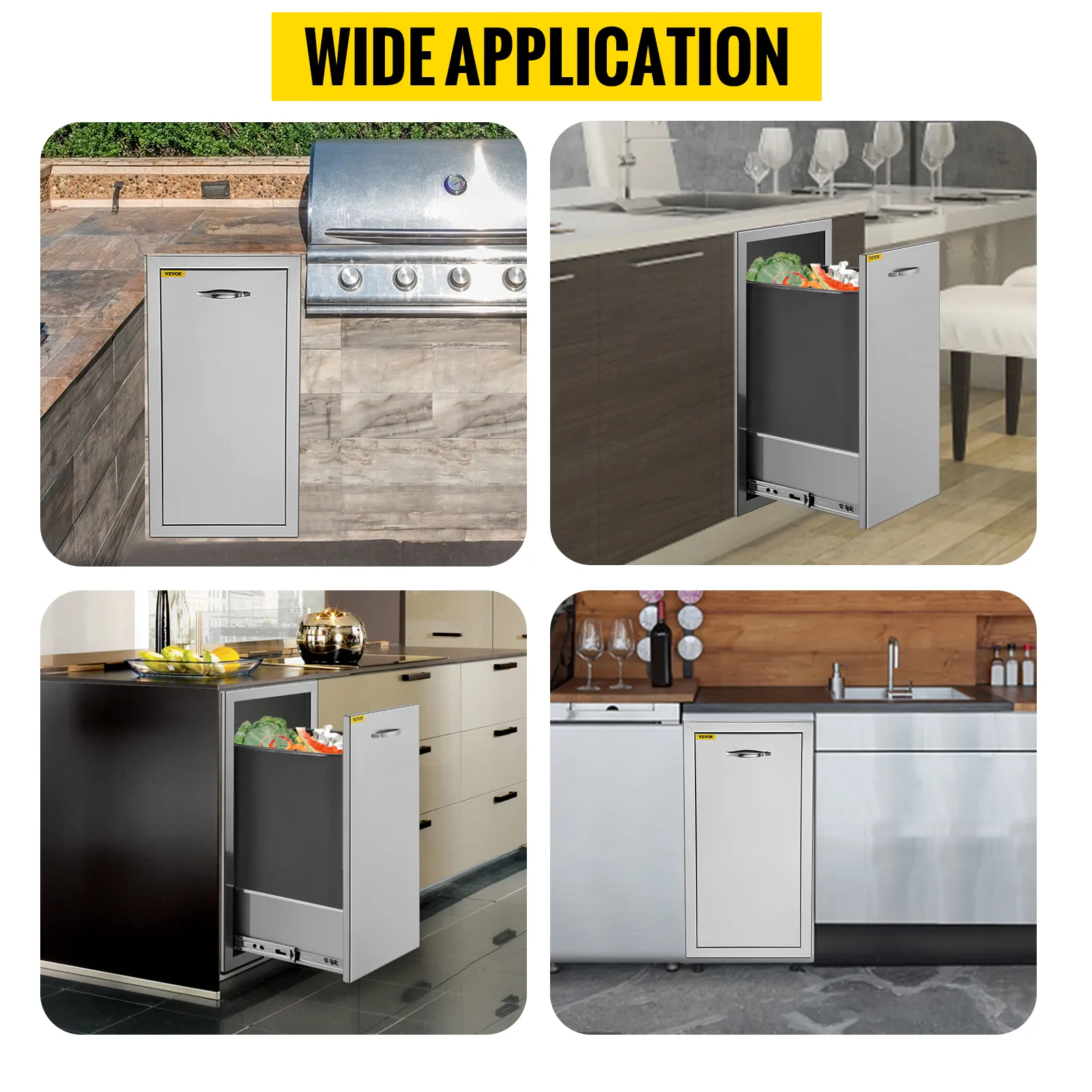 VEVOR pull out trash drawer in various kitchen and outdoor settings for wide application.