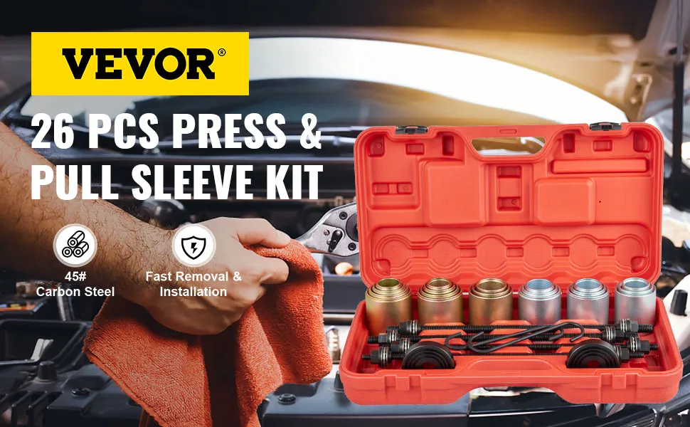 VEVOR pull and press sleeve kit in red case with metal tools; 26 pieces for car maintenance.