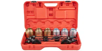 red case displaying eight metallic VEVOR pull and press sleeve kit components organized neatly.