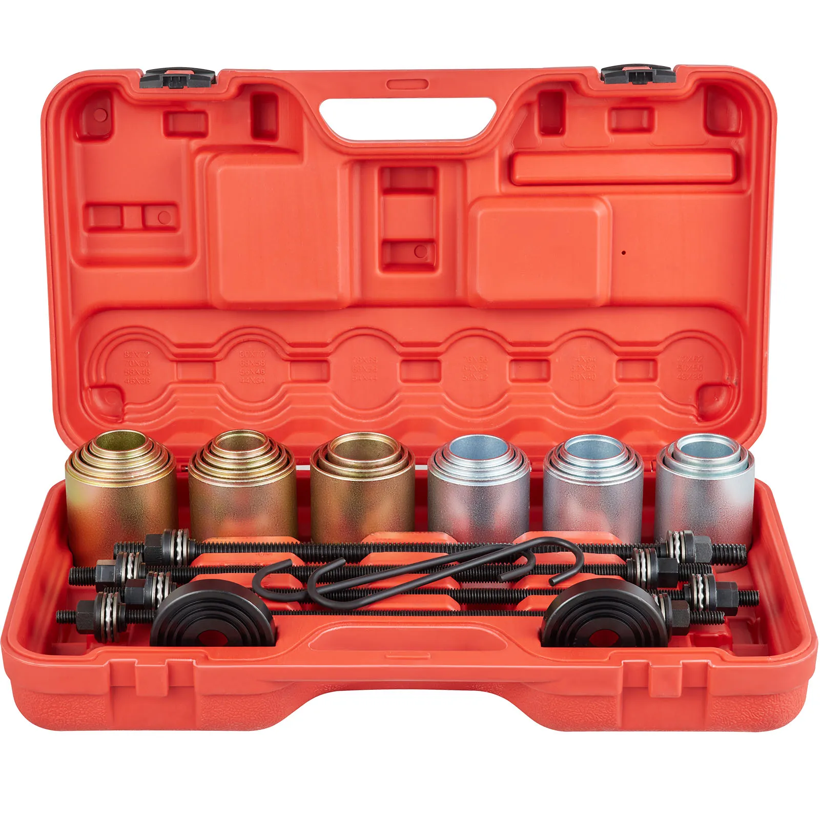 VEVOR pull and press sleeve kit in an orange case with various metal components arranged neatly.