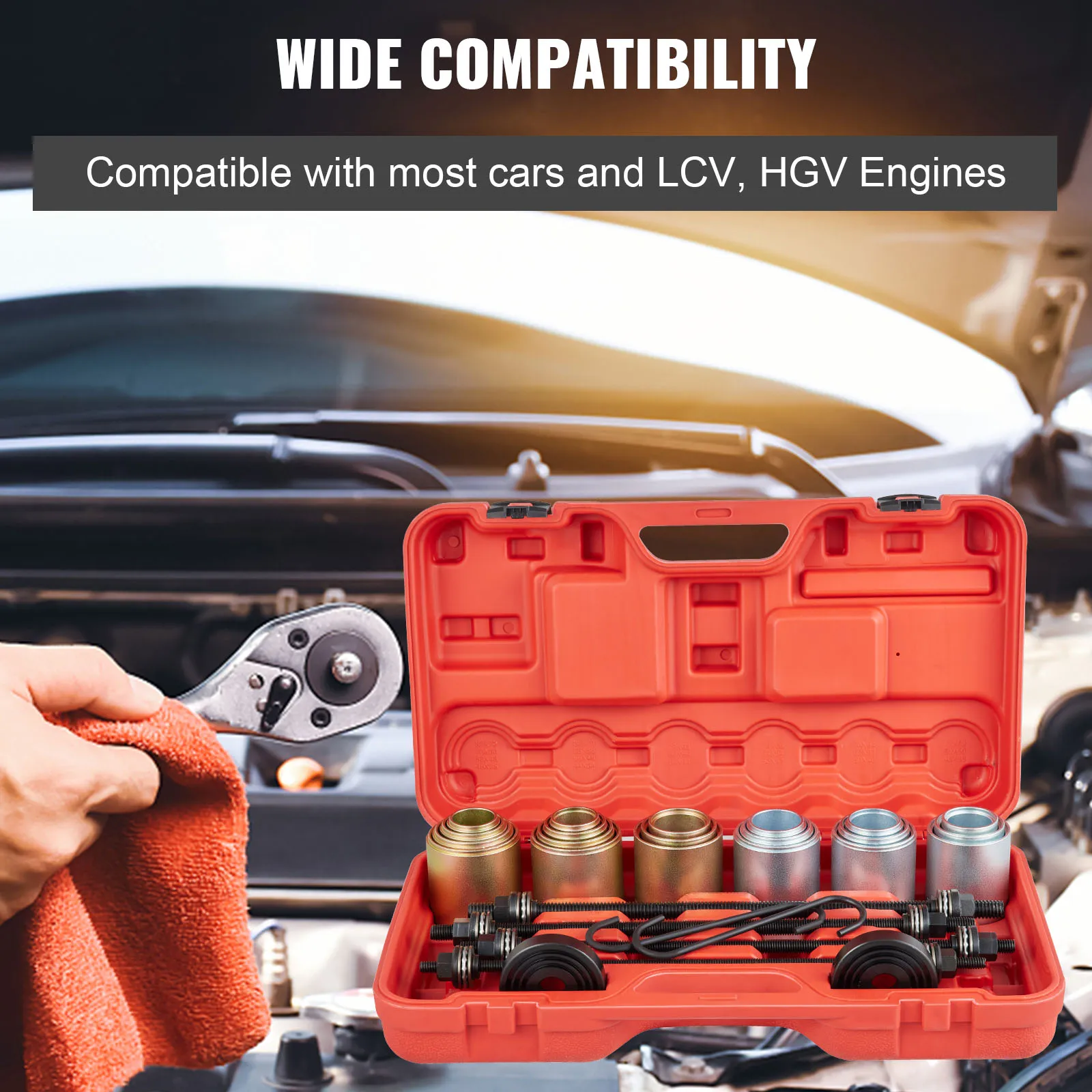 VEVOR pull and press sleeve kit in red case for car engines, tools displayed with a person holding a wrench.