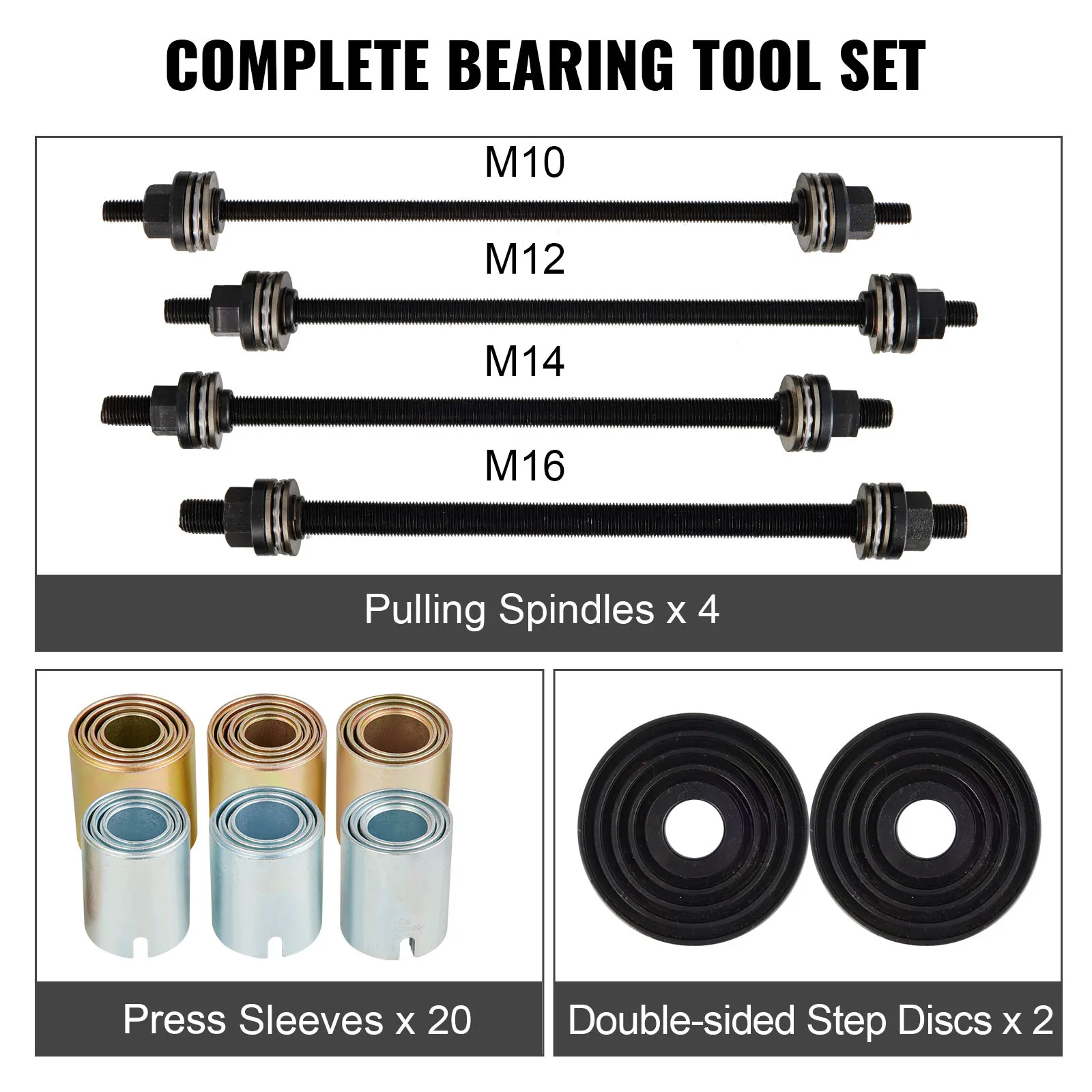 VEVOR pull and press sleeve kit, complete bearing tool set with spindles, press sleeves, step discs.