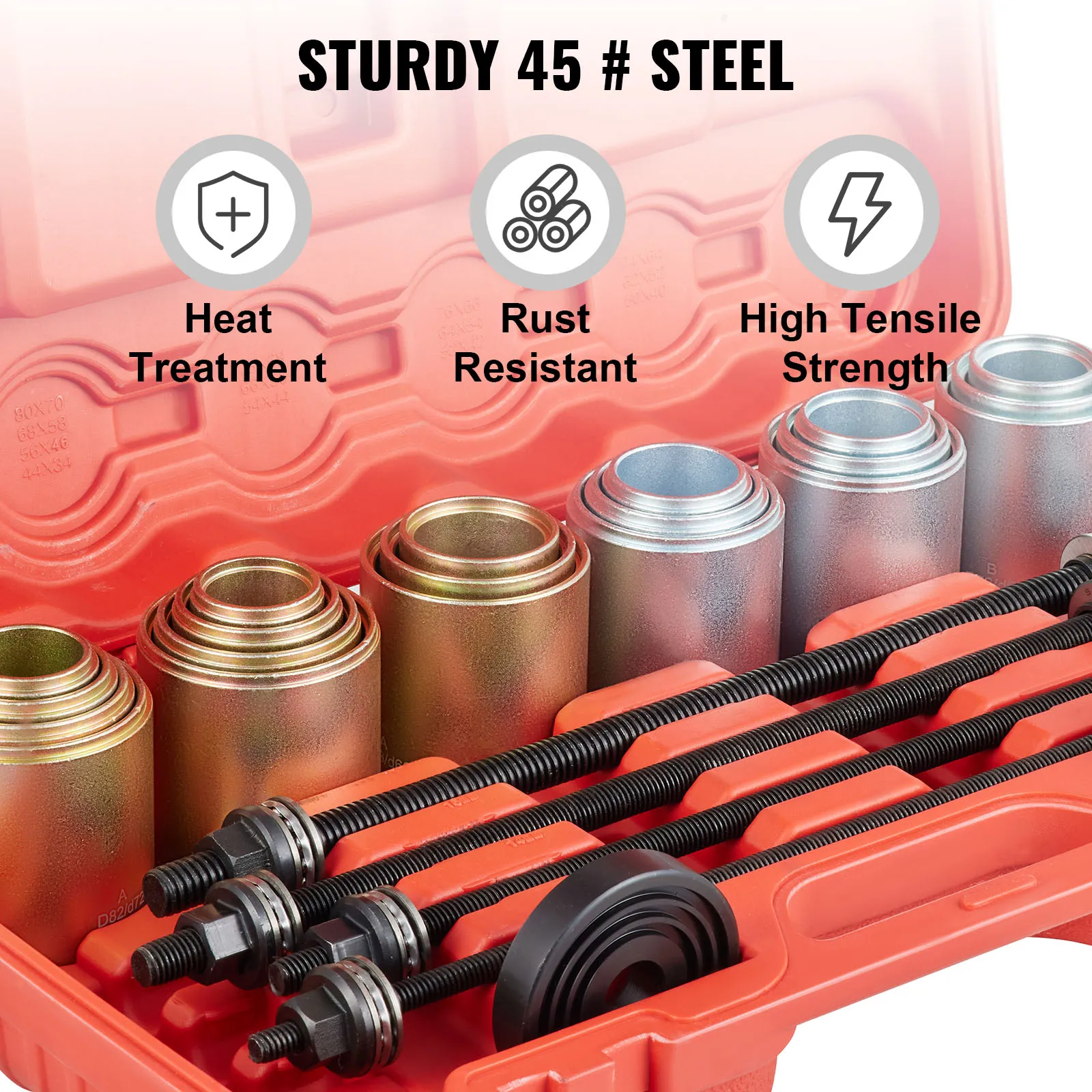 VEVOR pull and press sleeve kit in red case with labeled heat treatment, rust resistance, and high tensile strength.