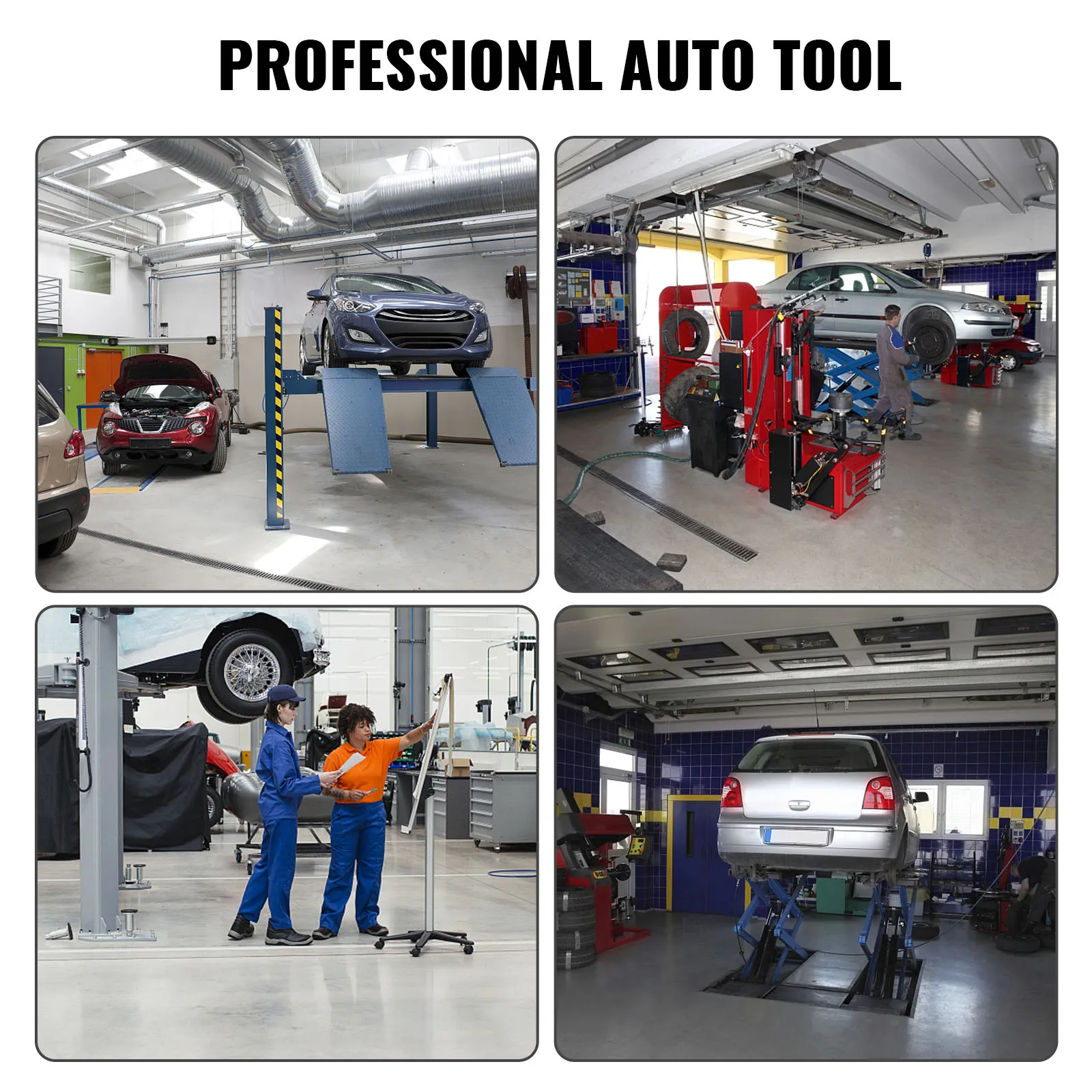 auto repair shop scenes, proffessional auto tool, showing cars on lifts and mechanics working