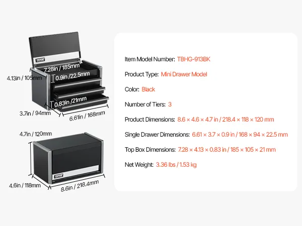 Tool Box 8.6-inch Portable Metal Tool Box with 3 Drawers Tool Organizer Black