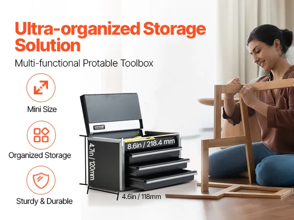 Tool Box 8.6-inch Portable Metal Tool Box with 3 Drawers Tool Organizer Black