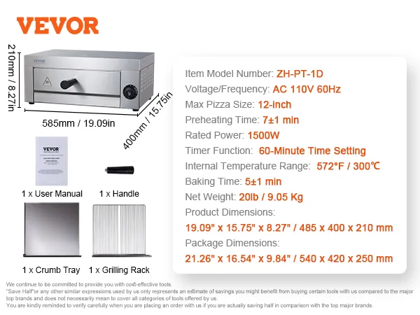 VEVOR electric pizza oven specifications: 12-inch max size, 1500w power, preheats in 7 minutes, 60-minute timer.