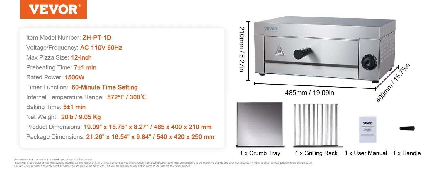 VEVOR electric pizza oven specifications: 12-inch max size, 1500w power, preheats in 7 minutes, 60-minute timer.