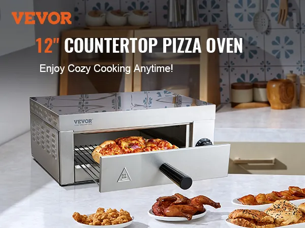 VEVOR electric pizza oven with pizza, chicken, and sandwiches on a countertop in a cozy kitchen setting.